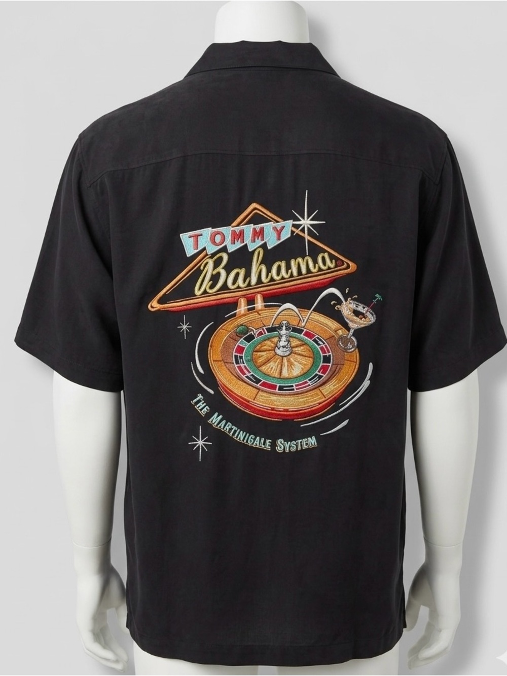 Vintage Tommy Bahama Martingale Silk Camp Shirt XL Black Roulette Embroidered